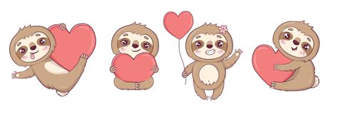 Clipart Set With Funny Sloths In Love Hugging With Ts And Hearts