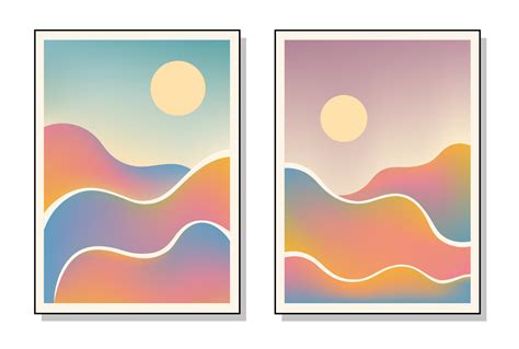 Set of three abstract art posters. Nature and sunset. Hand drawn ...