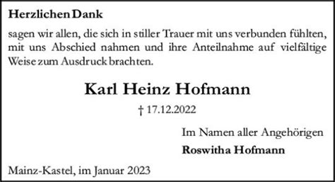 Traueranzeigen Von Karl Heinz Hofmann Vrm Trauer De