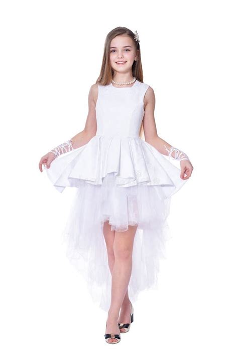 Happy Beautiful Little Girl in White Dress Posing Isolated Stock Photo ...