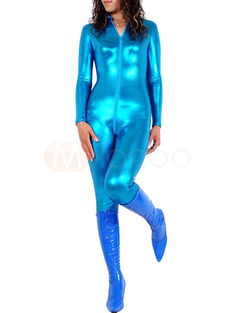 Halloween Light Sky Blue Front Open Shiny Metallic Catsuit