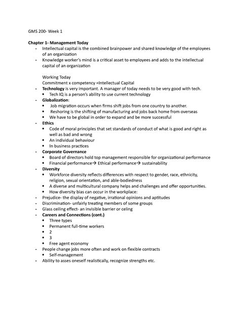 Gms 200 Week 1 Lecture Notes 1 Gms 200 Week 1 Chapter 1 Management Today Intellectual