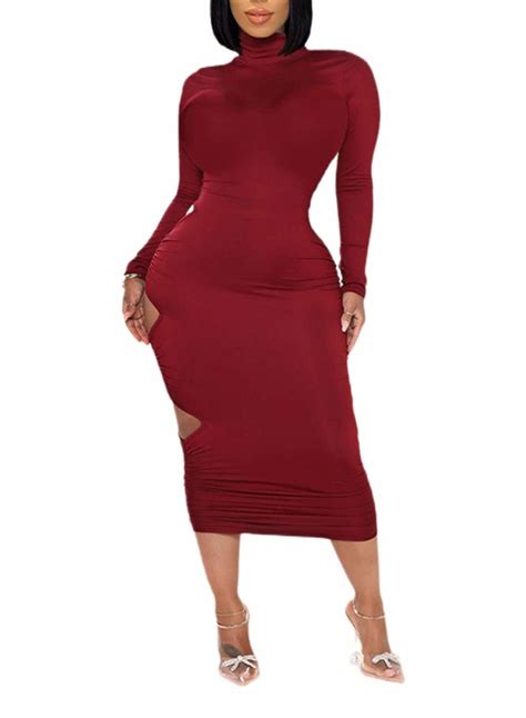 Corafritz Women Sexy Bodycon High Neck Long Sleeve Maxi Dress Casual