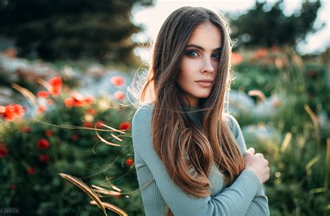 Wallpaper Brunette Women Outdoors Bokeh Face Long Hair Blue Eyes