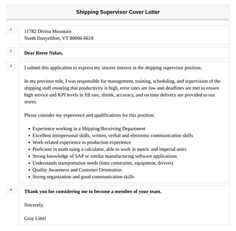 Shipping Supervisor Cover Letter Velvet Jobs