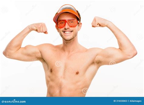 Closeup Of Attractive Young Man Flexing Bicep Muscles On White B Stock