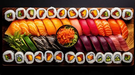 Rainbow Sushi Platter A Vibrant Array Of Rolls With Various Fillings