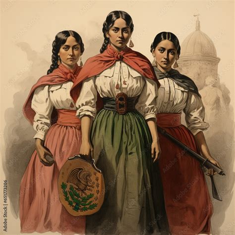 Mexican Adelitas Dressed In Typical Costumes Also Known As Soldaderas