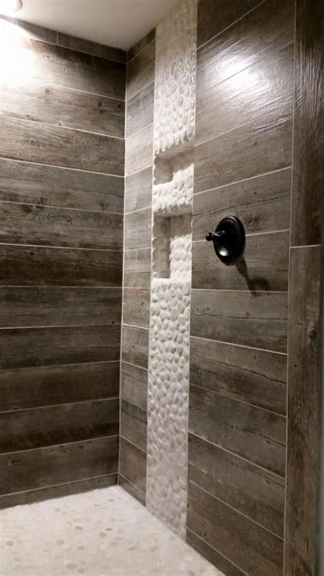 Our Rustic Shower We Used Tile That Looks Like Weathered Barn Wood It