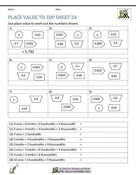 5th Grade Place Value Worksheets Grade 6 Place Value Worksheet Build A Decimal Number From Its