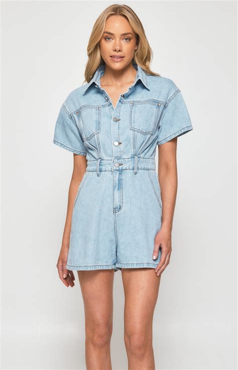 Short Sleeve Denim Playsuit With Seam And Pocket Details Sdm