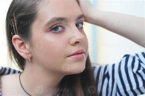 Portrait Of A Young Dark Haired Girl Close Up Portrait Of A Tired Girl