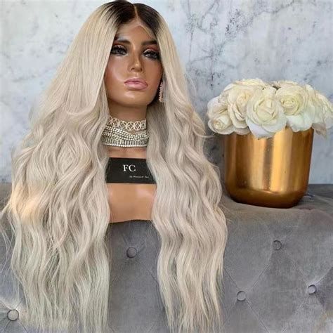 Long Ombre Blonde Lace Front Synthetic Wigs With Dark Roots Body Wave