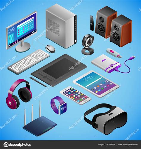 Desktop PC and digital gadgets in isometry Stock Illustration by ©MaxFil #242584134