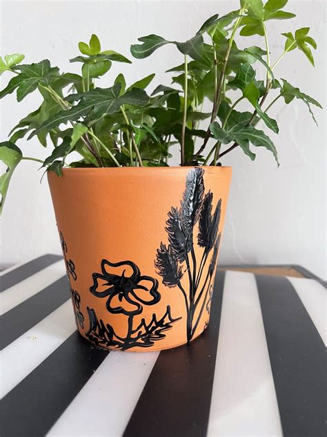 Wildflower Black And White Hand Painted Ceramic Planter Etsy