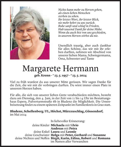 Todesanzeigen Von Margarete Hermann Todesanzeigen Vorarlberger