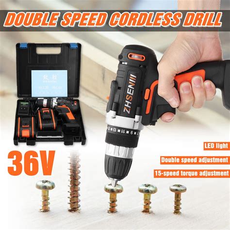 V Cordless Electric Drill Led Light Double Speed Li Ion Battery Power