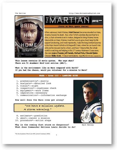 Movies Grow English Movie ESL Lesson The Martian Worksheets Library