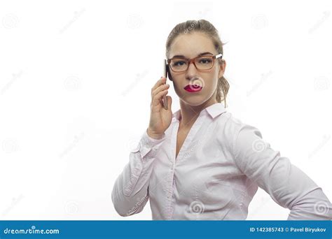 Attractive Caucasian Woman In Stylish Eyeglasses Holding Smartphone Stock Image Image Of