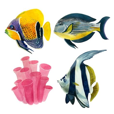 Conjunto de peces de coral ilustración acuarela de peces de mar en