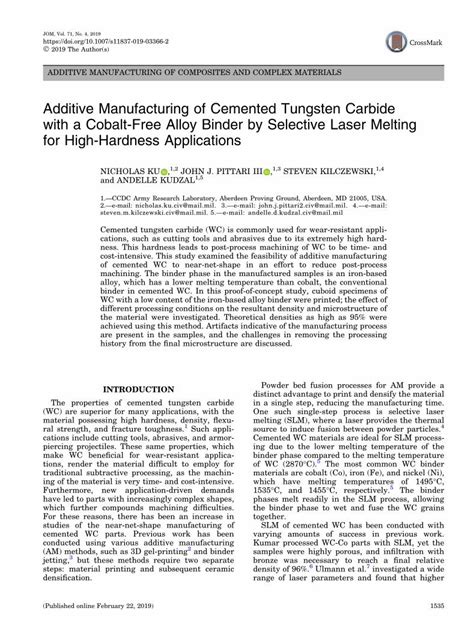 Pdf Additive Manufacturing Of Cemented Tungsten Carbide With A