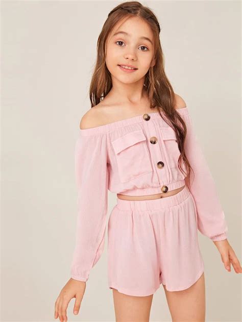 Girls Flap Pocket Button Bardot Crop Top And Shorts Set Pink Twopieceoutfits Teenage Girl