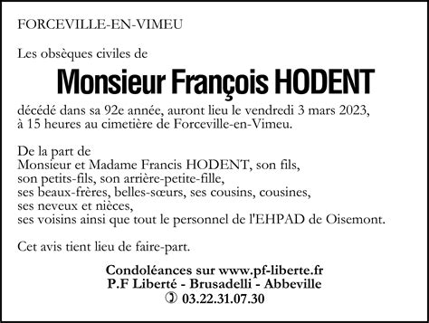 Avis De Décès De François Hodent Pompes Funèbres Liberté Brusadelli