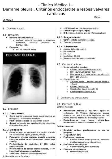 Derrame pleural Critérios endocardite e lesões valvares cardíacas