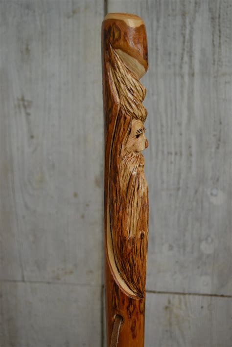 Wood Spirit Walking Stick, Hickory Hiking Staff with Woodspirit Carvin ...