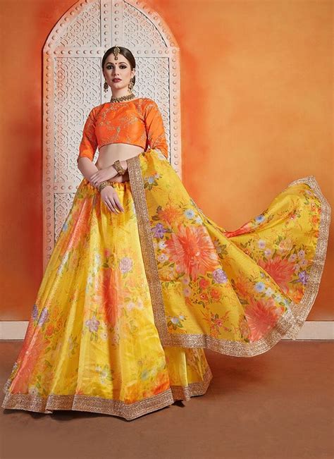 Yellow And Orange Floral Organza Lehenga Floral Organza Lehenga