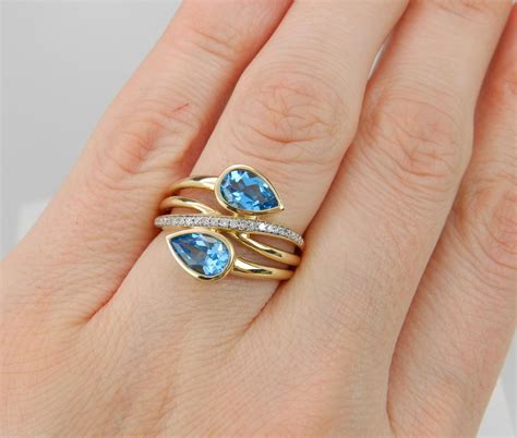 RESERVED Diamond And Blue Topaz Cocktail Bypass Ring 14K Yellow Gold