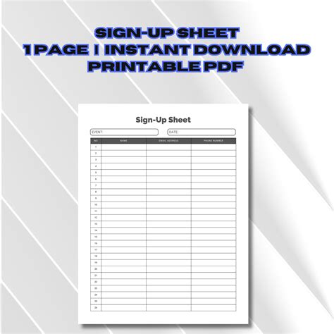 Printable Sign-up Sheet, Digital Sign-up Template, Event Registration
