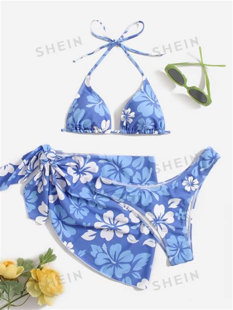 SHEIN Swim Summer Beach Floral Bikini Set Halter Micro Triangle Bra