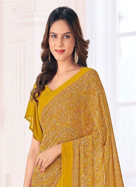 Roop Kashish Mustard Color Georgette Printed Saree And Blouse Piece Roop Kashish 4217151