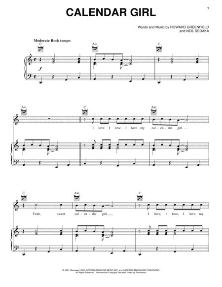 Calendar Girl by Neil Sedaka - Piano, Vocal, Guitar - Digital Sheet ...