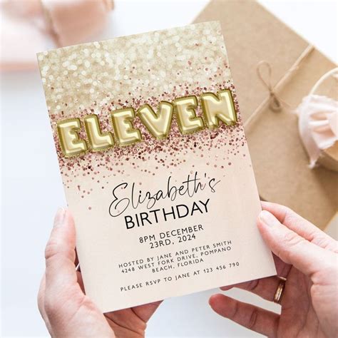 11th Birthday Invitation Editable Template Rose Gold Balloon Invite