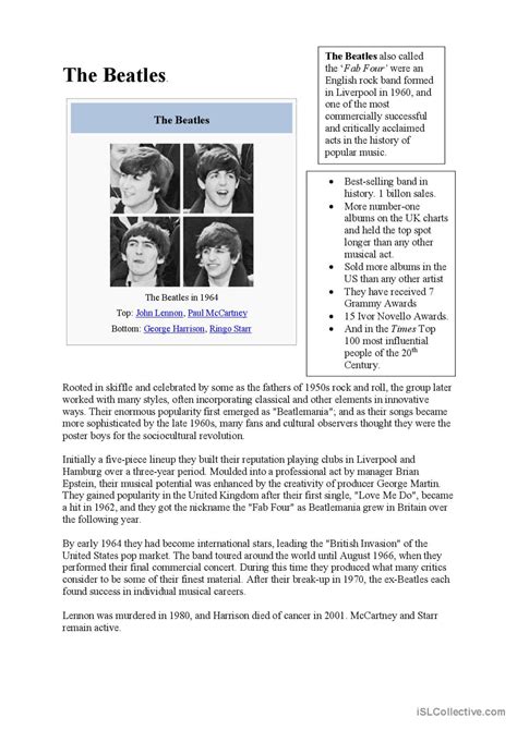 The Beatles And The Movement Reading English Esl Worksheets Pdf And Doc