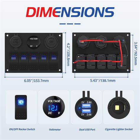 Aluminum Multifunction 5 Gang Rocker Switch Panel With 4 8A Dual USB