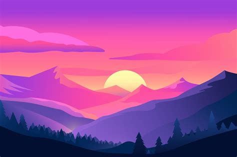 Premium Vector | Background sunset in the mountains enchanting cartoon ...