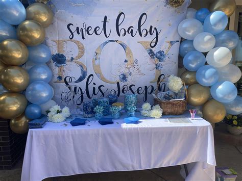 Sweet Baby Boy Blue Floral Baby Shower Backdrop - Lofaris