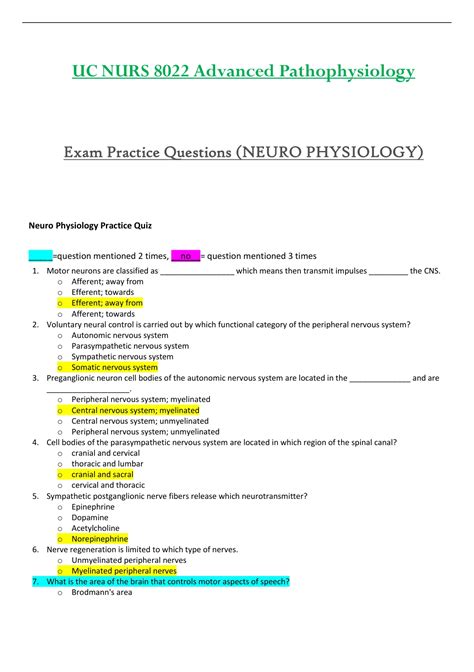 Exam Practice Questions Neuro Physiology Nurs Nurs