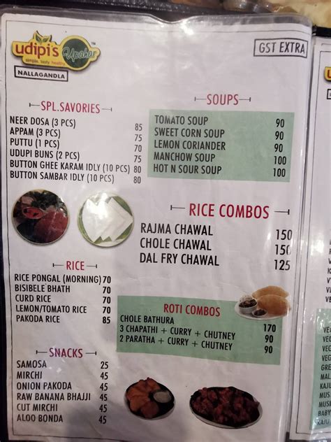 Menu At Udipi S Upahar Nallagandla Hyderabad