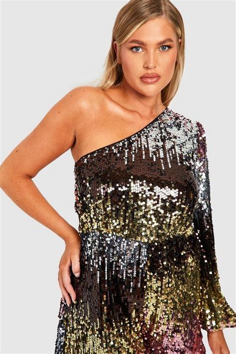 Playsuits Plus Rainbow Sequin One Shoulder Playsuit Boohoo