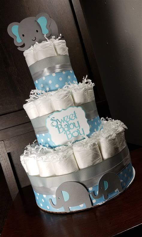 Elephant Diaper Cake For Baby Boy Neutral And Girl Silver Blue Pink