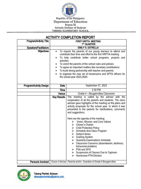 Accomplishment Report 1st Hrpta Meeting Sept 07 2023 Emily O Estrella