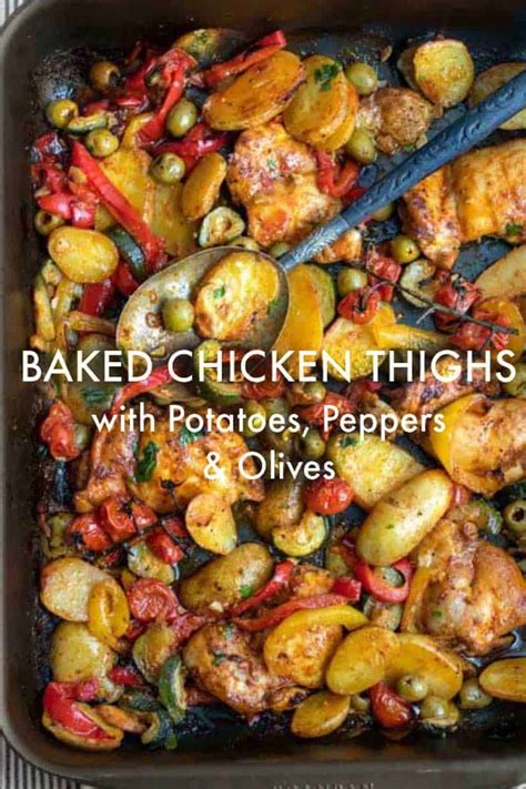 Baked Chicken Thighs with Potatoes, Peppers and Olives