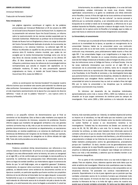 05 Immanuel Wallerstein Abrir Las Ciencias Sociales Pdf Science