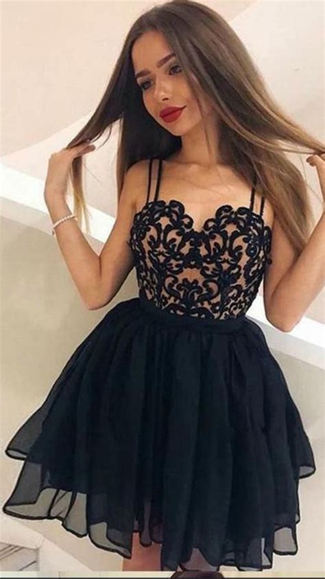 A Line Straps Backless Short Black Chiffon Open Back Lace Pleats