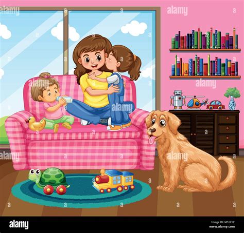 Madre y dos hijos con perro mascota en livingroom ilustración Imagen