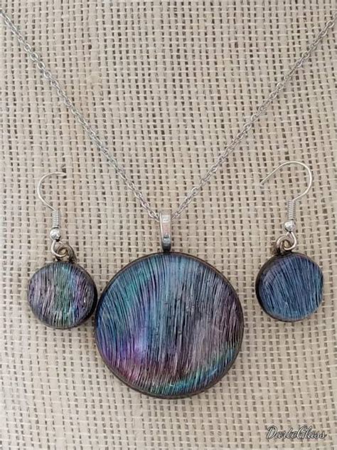 Teal Blue Purple And Golden Brown Dichroic Glass Pendant Earring Set